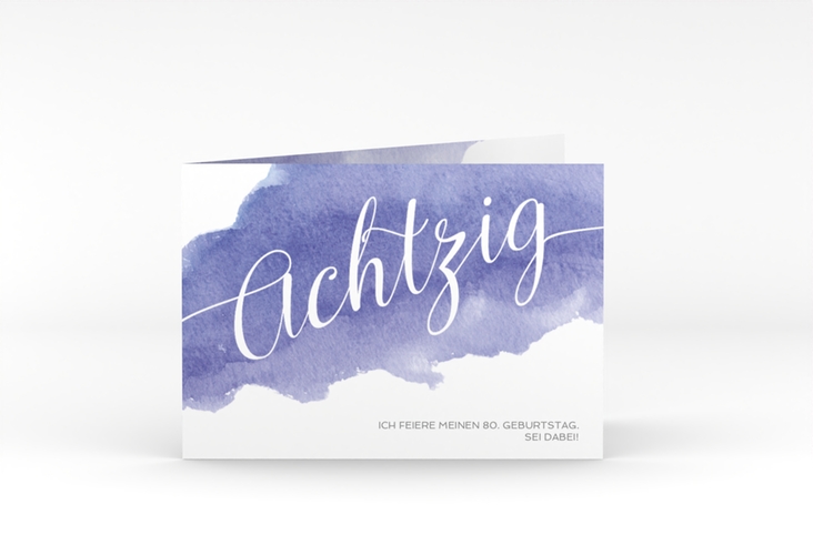 Einladung 80. Geburtstag Aquarell A6 Klappkarte quer blau