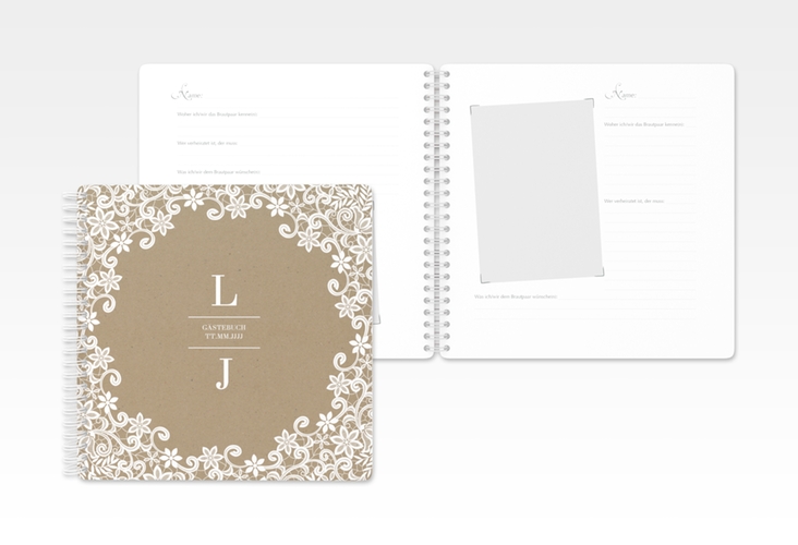 Gästebuch Hochzeit Bella Ringbindung Kraftpapier mit weißer Brautspitze um Initialen