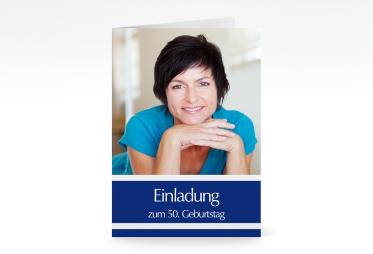 Einladung 50. Geburtstag Gerd/Gerda A6 Klappkarte hoch blau mit Foto