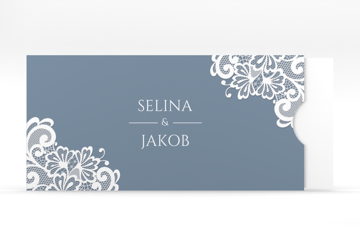 Hochzeitseinladung Vintage Einsteckkarte blau mit floraler Spitze