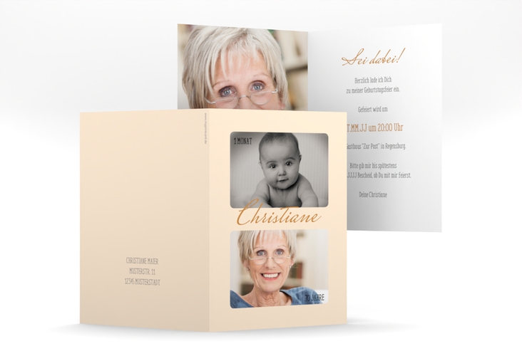 Einladung 70. Geburtstag Zeitlos A6 Klappkarte hoch beige mit Damals- und Heute-Fotos
