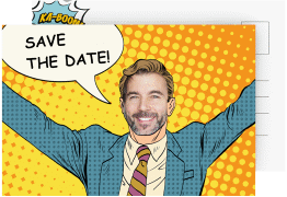 Save the Date-Postkarte Geburtstag Popart Man A6 Postkarte gelb