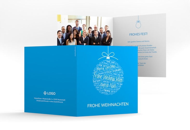 Geschäftliche Weihnachtskarte Wunderkugel quadr. Klappkarte blau modern mit Weihnachtskugel