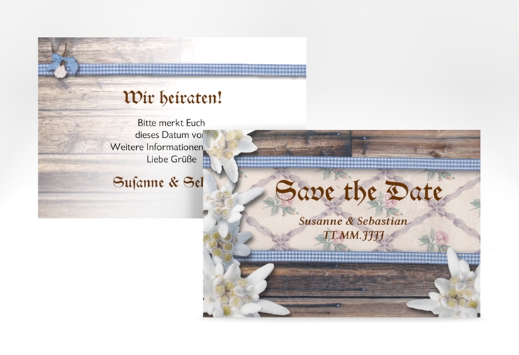 Save the Date-Karte Hochzeit Bayern A6 Karte quer blau hochglanz mit Edelweiß in rustikaler Holz-Optik