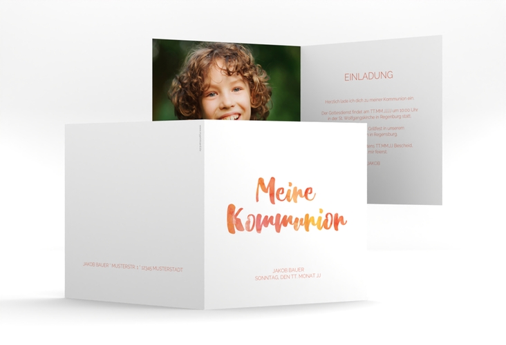 Kommunionseinladung Flora quadr. Klappkarte orange