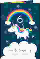 Einladungskarte Kindergeburtstag "Unicorn" A6 Klappkarte hoch weiss mit Einhorn und Regenbogen