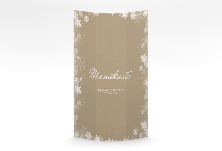 Menükarte Hochzeit Snowfall A4 Wickelfalzkarte Kraftpapier mit Schneeflocken für Winterhochzeit