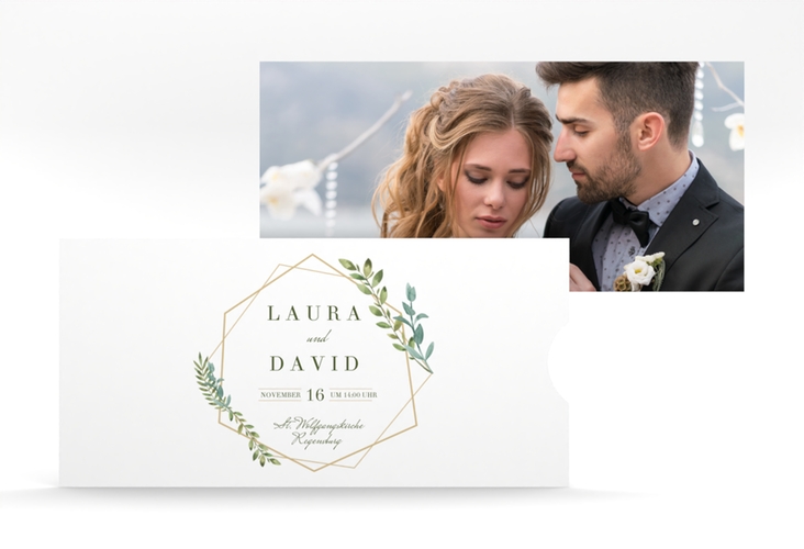 Hochzeitseinladung Herbarium Einsteckkarte gold mit geometrischem Rahmen und Blätter-Dekor