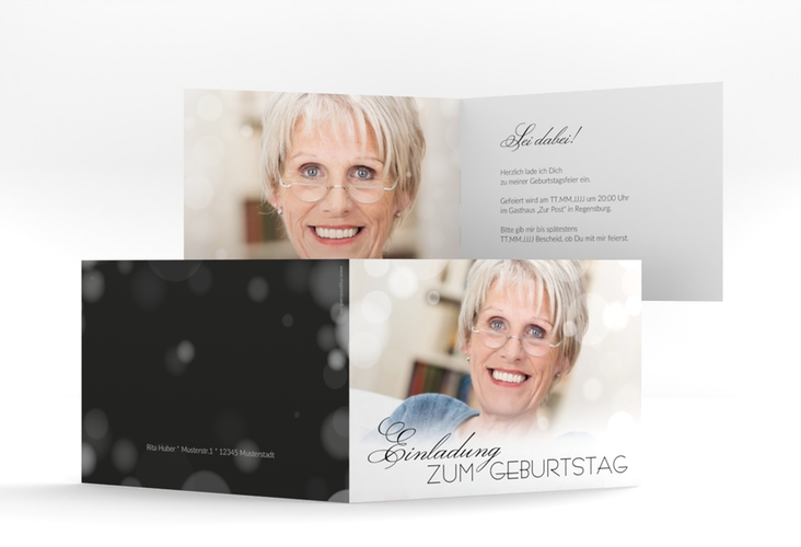 Einladung 70. Geburtstag Luminous A6 Klappkarte quer schwarz