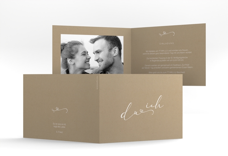 Hochzeitseinladung Zweisamkeit A6 Klappkarte quer Kraftpapier hochglanz im minimalistischen Stil mit Aufschrift du & ich