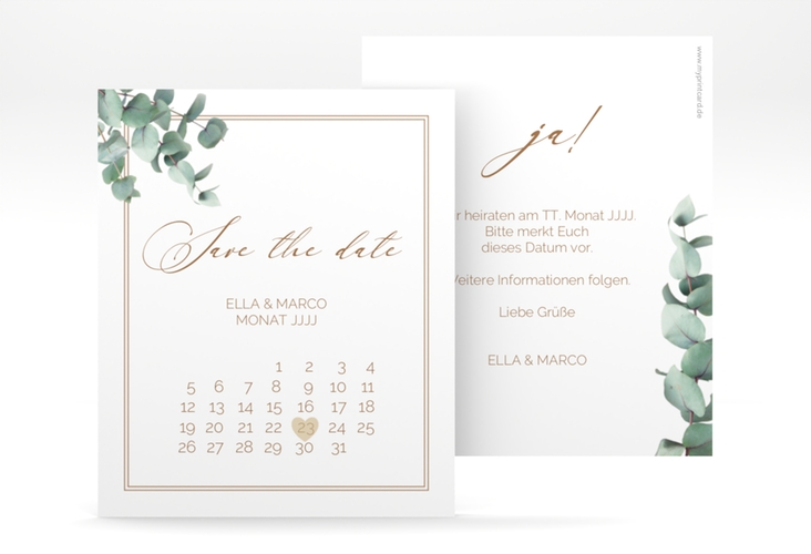 Save the Date-Kalenderblatt Eucalypt Kalenderblatt-Karte weiss hochglanz mit Eukalyptus und edlem Rahmen
