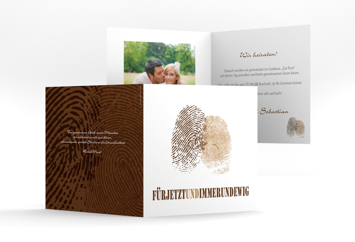 Hochzeitseinladung Messina quadr. Klappkarte braun mit Fingerabdrücken