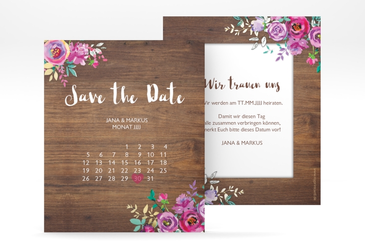 Save the Date-Kalenderblatt Flourish Kalenderblatt-Karte braun hochglanz mit floraler Bauernmalerei auf Holz