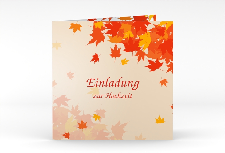 Hochzeitseinladung Zwiesel quadr. Klappkarte mit Herbstlaub in Orange
