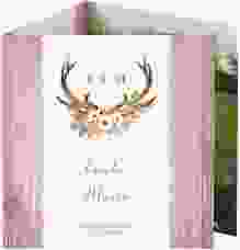 Dankeskarte Hochzeit Heimatjuwel quadr. Doppel-Klappkarte rosa mit Hirschgeweih und Holz-Hintergrund