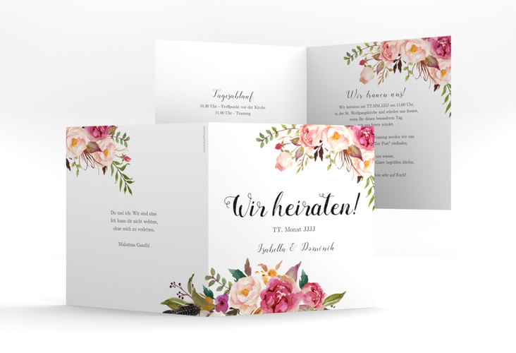 Hochzeitseinladung Flowers quadr. Klappkarte weiss hochglanz mit bunten Aquarell-Blumen