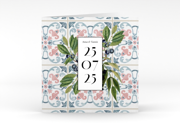 Hochzeitseinladung Mediterraner Flair quadr. Klappkarte bunt mit Auzlejo-Fliesenmuster und Lorbeer