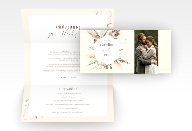 Hochzeitseinladung Bohemian Wickelfalzkarte + Banderole beige