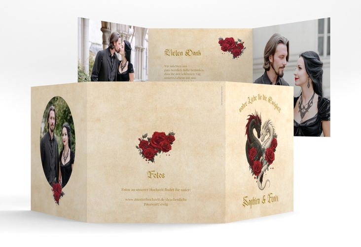 Danksagungskarte Hochzeit Drachenliebe quadr. Doppel-Klappkarte mit schwarzem und weißem Drachen zu einem Herz verschlungen