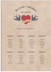 Klick: Details zu Sitzplan Leinwand Hochzeit "Tattoo" anzeigen Sitzplan Leinwand Hochzeit Tattoo 50 x 70 cm Leinwand beige mit Herz und zwei Schwalben