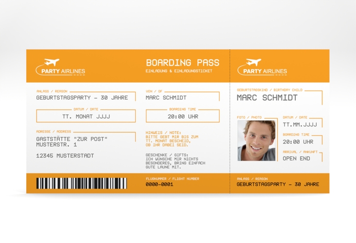 Einladung 30. Geburtstag Boardingpass lange Karte quer orange im Flugticket-Design