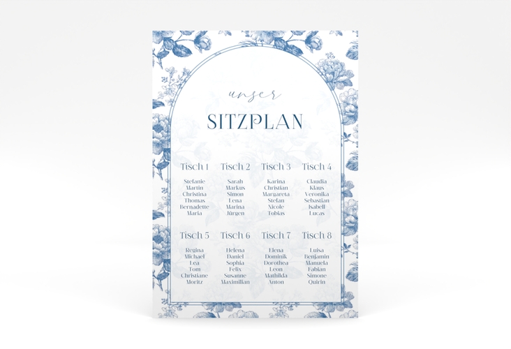 Sitzplan Poster Hochzeit Blue Floral 50 x 70 cm Poster weiss mit blauem Blumenmuster auf weißem Grund