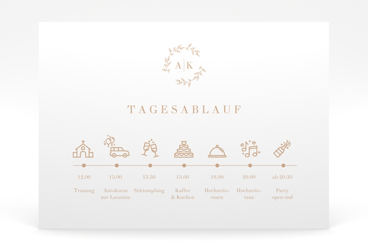 Tagesablauf Poster Hochzeit Filigrana 70 x 50 cm Poster beige in reduziertem Design mit Initialen und zartem Blätterkranz