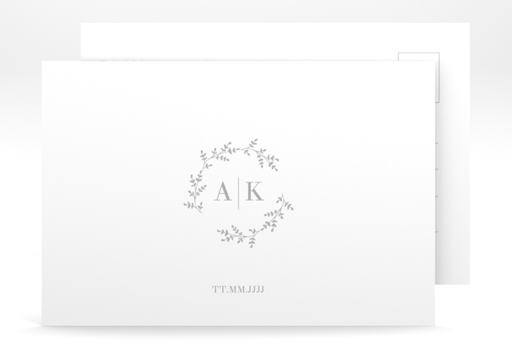 Antwortkarte Hochzeit Filigrana A6 Postkarte grau in reduziertem Design mit Initialen und zartem Blätterkranz