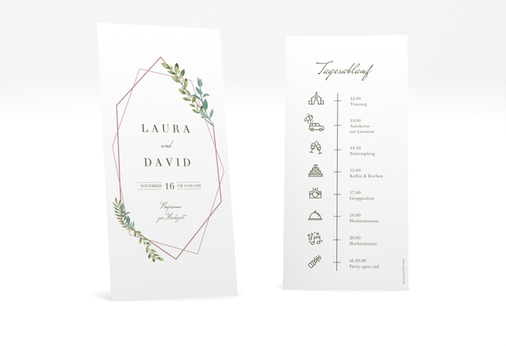 Tagesablauf Hochzeit Herbarium lange Karte hoch rosa hochglanz mit geometrischem Rahmen und Blätter-Dekor