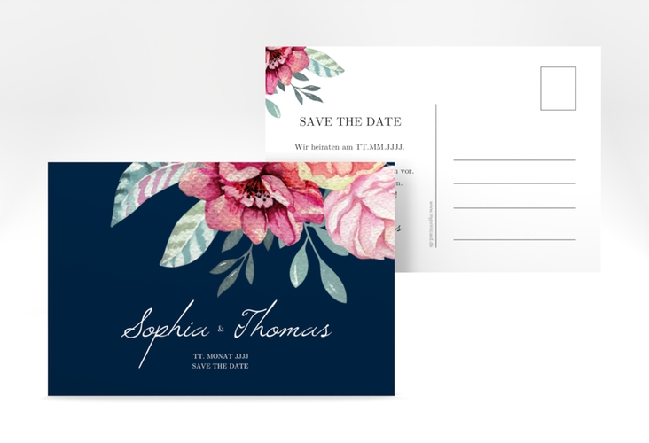 Save the Date-Postkarte Blooming A6 Postkarte blau hochglanz