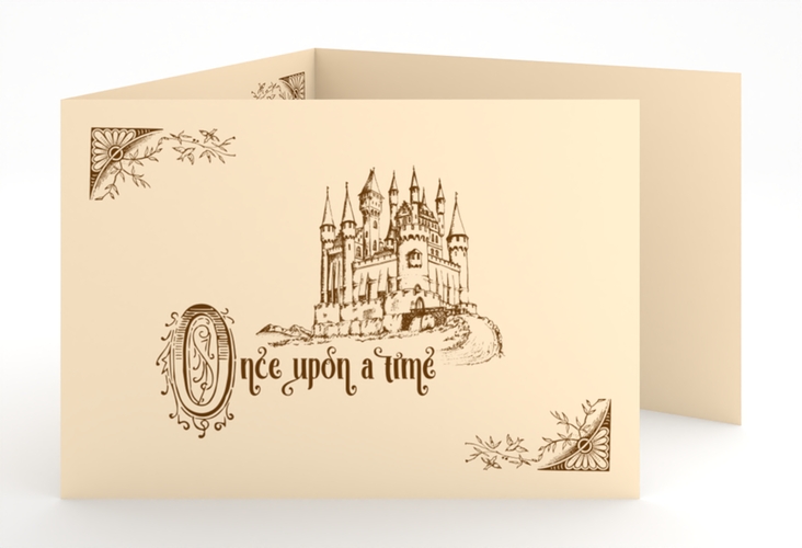 Hochzeitseinladung Storybook A6 Doppel-Klappkarte beige
