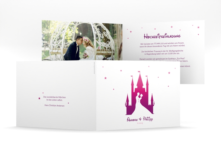 Hochzeitseinladung Castle mittlere Klappkarte quer pink hochglanz