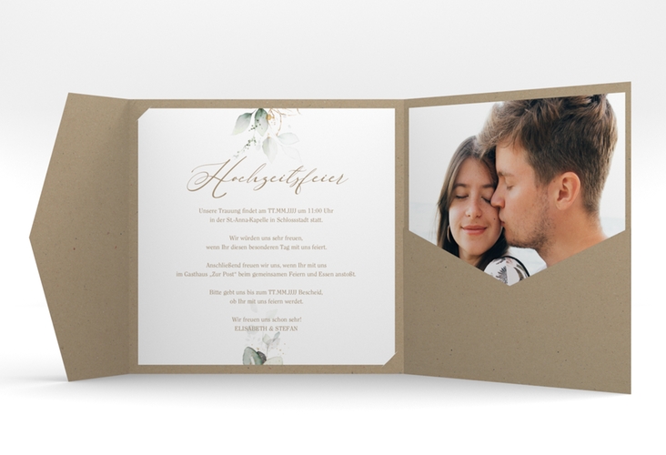 Hochzeitseinladung Selvatica Pocketfold hochglanz mit Eukalyptus-Kranz