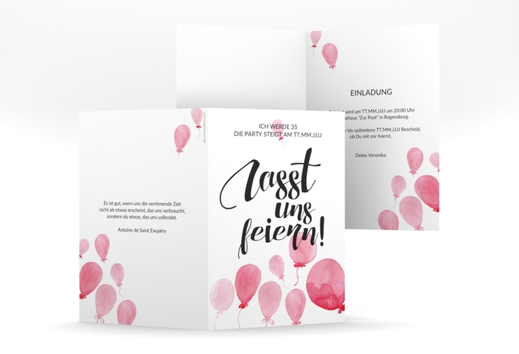 Einladung Geburtstag Ballon A6 Klappkarte hoch mit Luftballons im Aquarell-Design