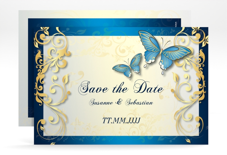 Save the Date-Karte Hochzeit Toulouse A6 Karte quer blau hochglanz romantisch mit Schmetterlingen