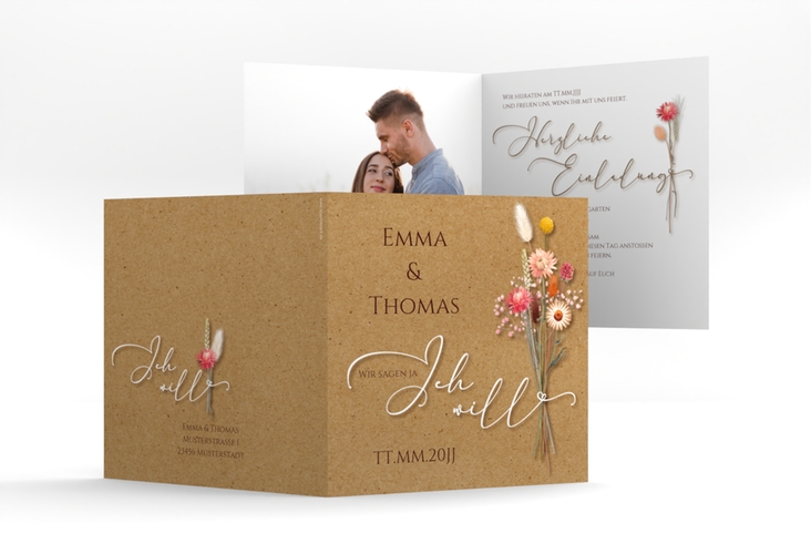 Hochzeitseinladung Flowerbunch quadr. Klappkarte Kraftpapier hochglanz mit Blumenstrauß aus Strohblumen