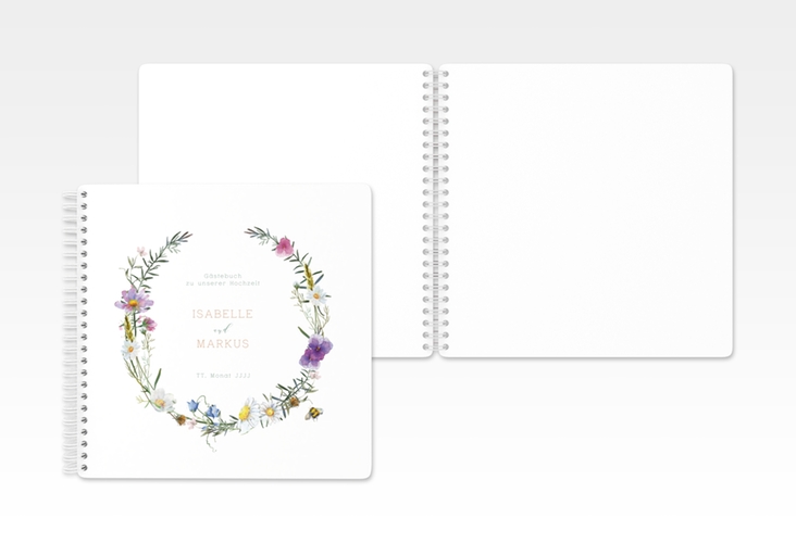 Gästebuch Hochzeit Blumengarten Ringbindung mit Blumenkranz und Hummel