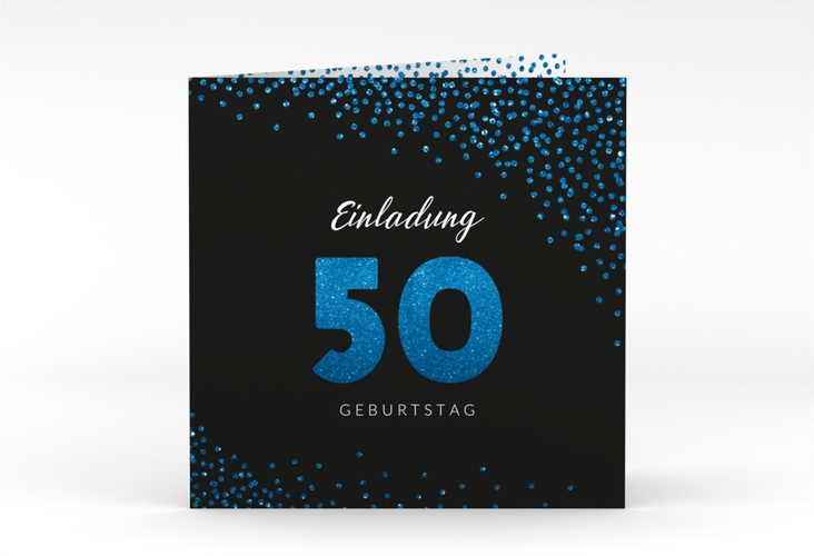 Einladung 50. Geburtstag Glitzer quadr. Klappkarte blau