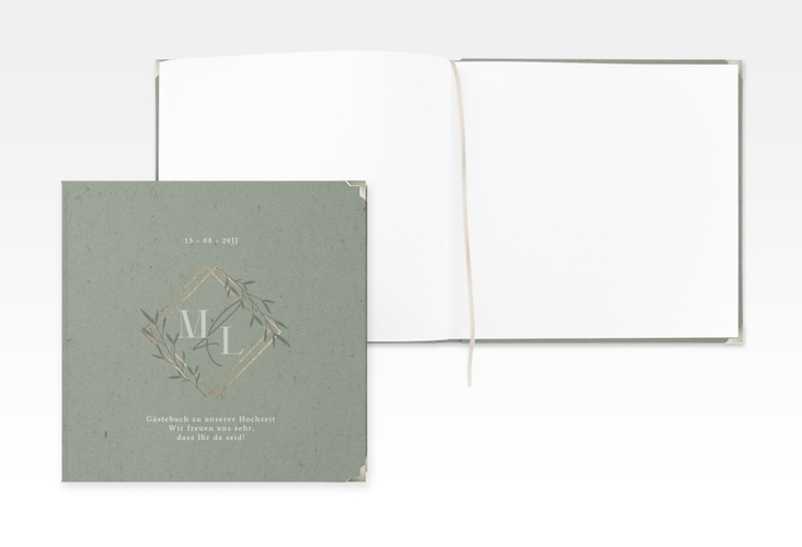 Gästebuch Selection Hochzeit Greenletter Leinen-Hardcover gruen mit Initialen in elegantem Goldrahmen mit Blättern