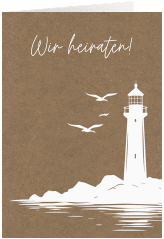 Einladungskarte Hochzeit Leuchtturm A6 Klappkarte hoch Kraftpapier