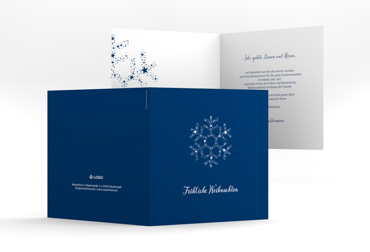 Geschäftliche Weihnachtskarte Sternflocke quadr. Klappkarte blau mit Eiskristall aus weißen Sternen