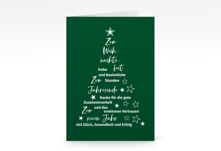 Geschäftliche Weihnachtskarte Oh Tannenbaum A6 Klappkarte hoch gruen mit Weihnachtsbaum aus Glückwünschen und Sternen