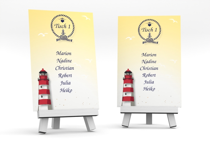 Tischaufsteller Hochzeit Sylt Tischaufsteller gelb mit Leuchtturm