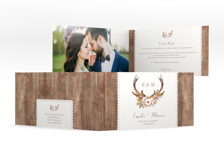 Danksagung Hochzeit Heimatjuwel lange Klappkarte quer braun hochglanz mit Hirschgeweih und Holz-Hintergrund