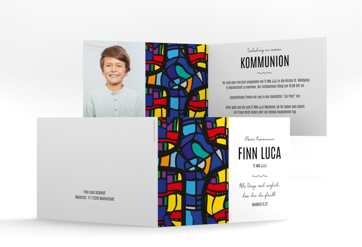 Kommunionseinladung Kirchenfenster A6 Klappkarte quer bunt