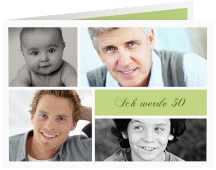 Einladung 50. Geburtstag Bilderserie A6 Klappkarte quer gruen mit mehreren Fotos