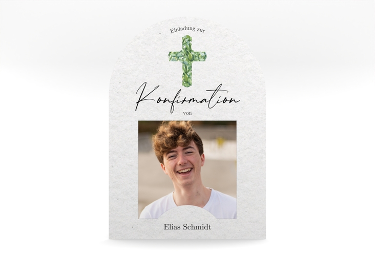 Einladung Konfirmation Greenery Cross mittlere Bogen-Karte + Foto