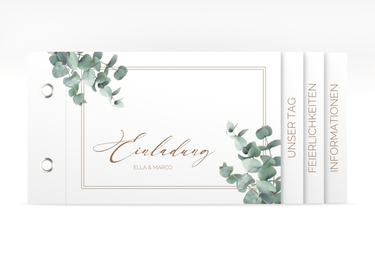 Hochzeitseinladung Eucalypt Booklet weiss mit Eukalyptus und edlem Rahmen