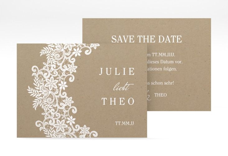 Save the Date-Visitenkarte Mariage Visitenkarte quer Kraftpapier mit Bogen aus weißer Spitze