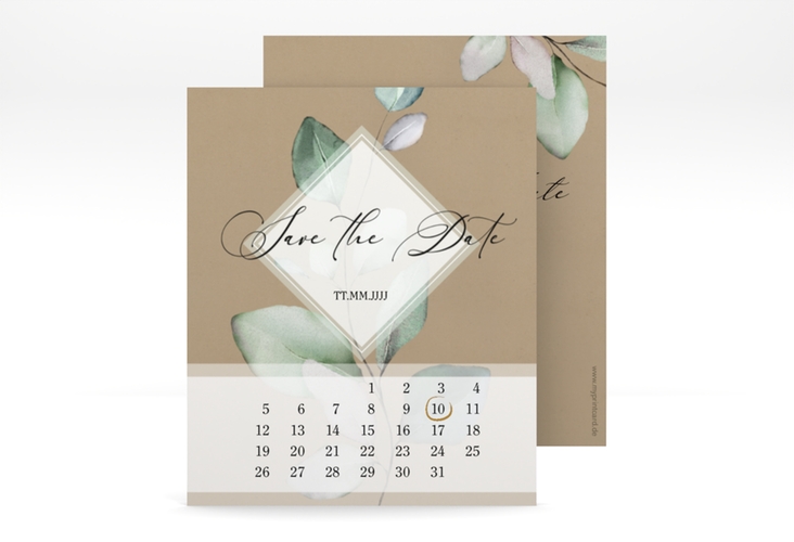 Save the Date-Kalenderblatt Foglia Kalenderblatt-Karte Kraftpapier hochglanz edel mit Eukalyptus im Aquarell-Design